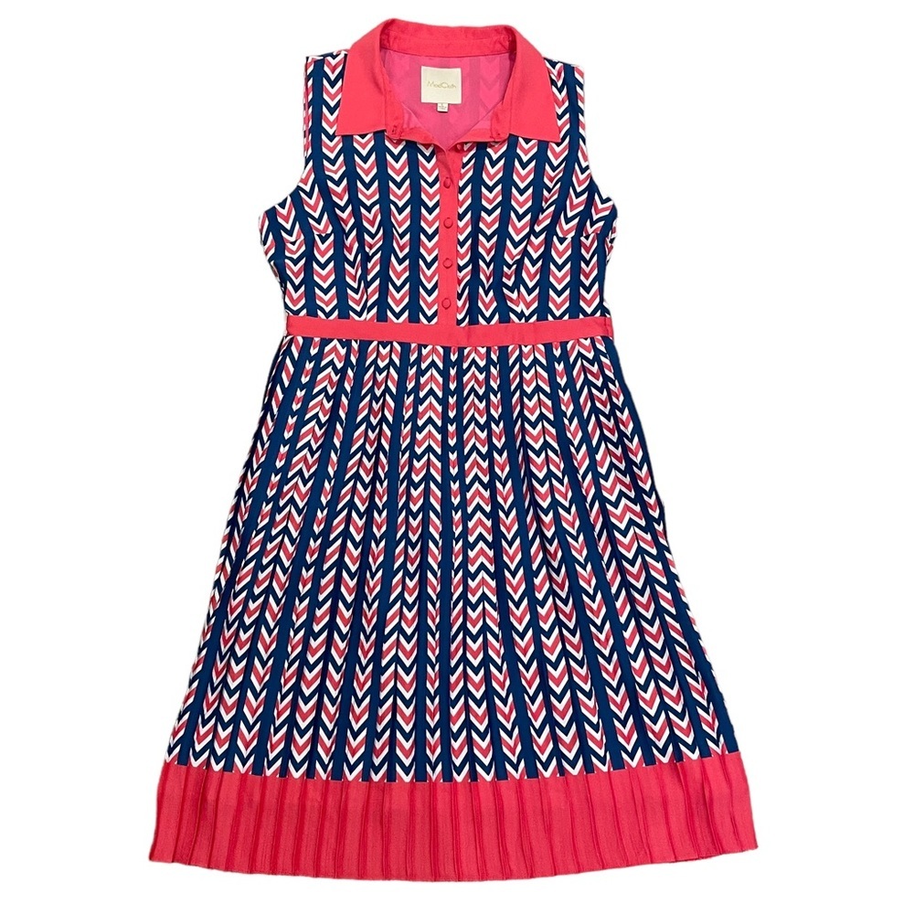ModCloth Large Chevron Pink Blue Polyester Fit&Flare Dress Buttoned Front Collar